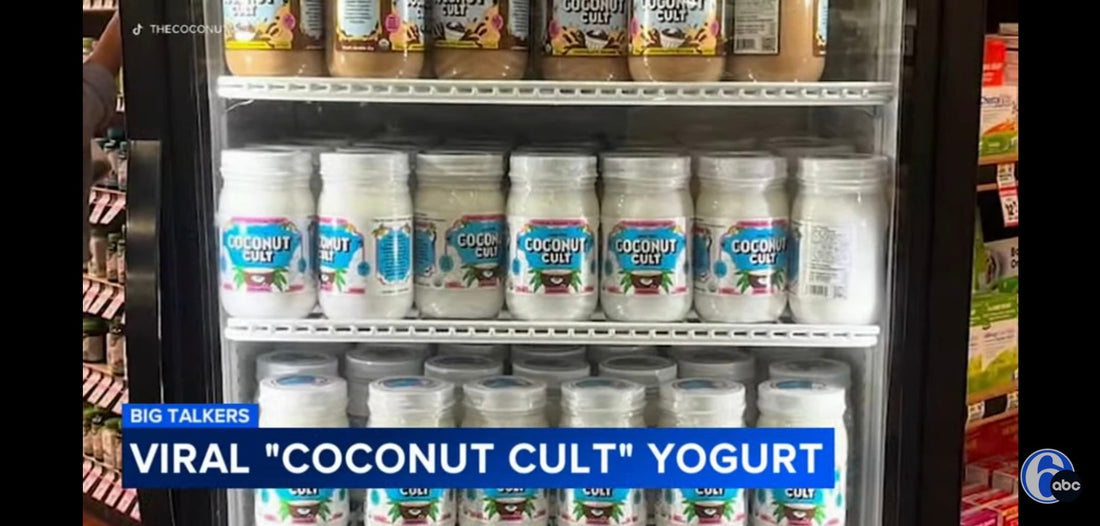 A screenshot from ABC6 News of Coconut Cult Original and Chocolate Mousse jars on the shelves of a fridge in a grocery store with the headline "Big Talkers - Viral "Coconut Cult" Yogurt"