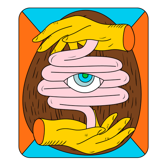 A cartoon of two magical hands entrusting an alive digestive tract with a sole eye. Behind the depiction, a coconut covered in brown coir is resting.