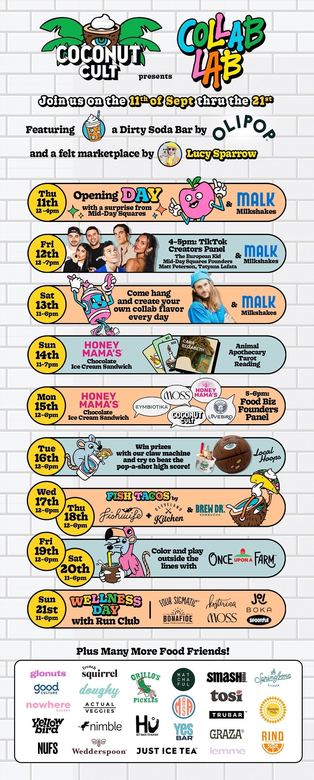 Visual schedule of daily events and brand activations for the Coconut Cult Collab Lab pop-up in NYC, September 11–21. Includes panels, tastings, interactive experiences, and over 30 food brand partners. More details in blog post.