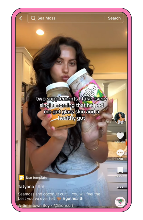 Tatyana poses with sea moss and Harvest Strawberry Coconut Cult in a TikTok clip about skin and gut health.