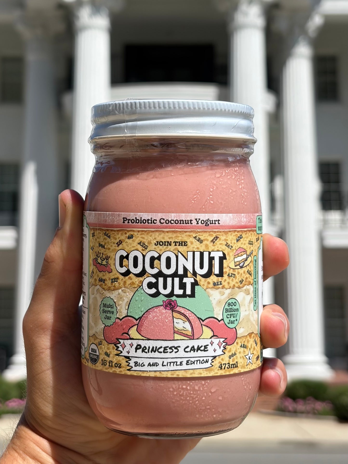 A hand holding a jar of Probiotic Coconut Yogurt from the brand Coconut Cult, featuring the 'Princess Cake' flavor. The background shows a blurred white building with columns.