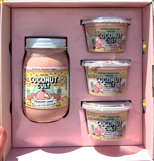 Coconut Cult Princess Cake Probiotic Coconut Yogurt large 16oz jar with small 4oz cups