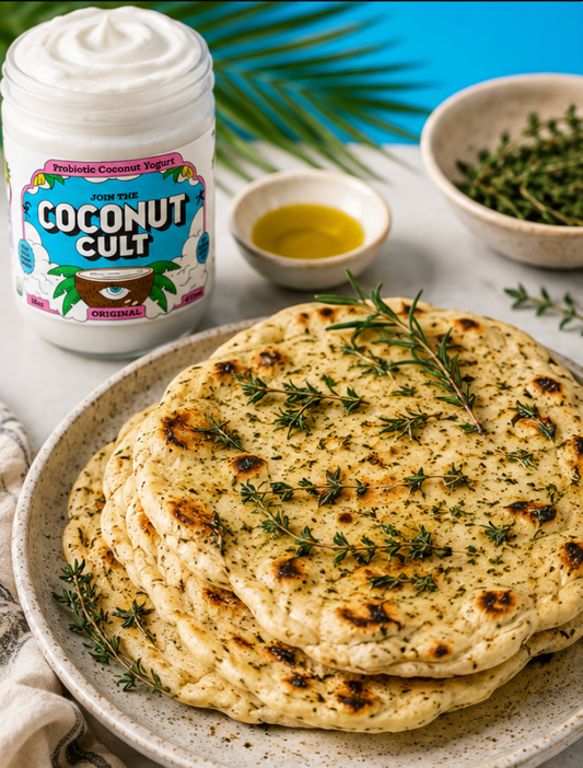 Coconut Cult Probiotic Coconut Yogurt in flavor Original with Flatbread on the side