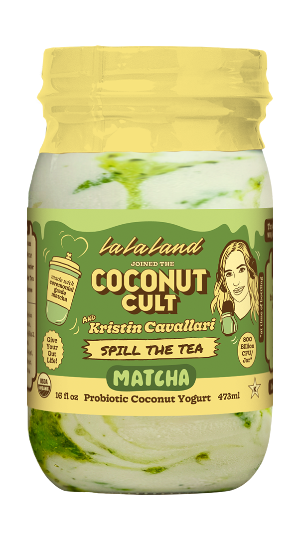 Jar of Coconut Cult La La Land Matcha yogurt, a Spill the Tea collaboration with Kristin Cavallari