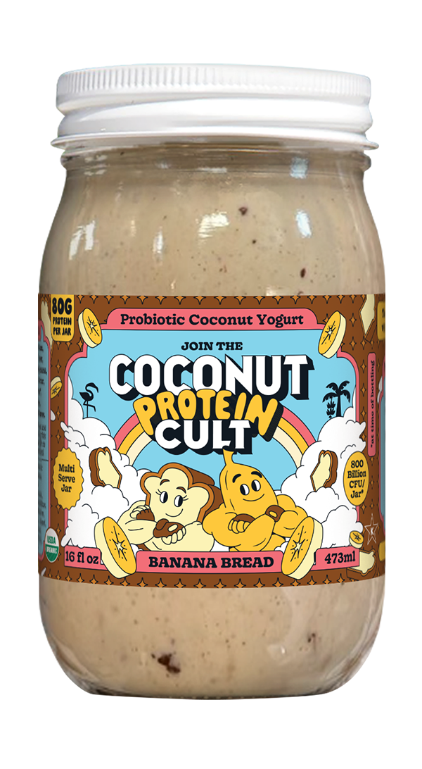 Jar of coconut protein yogurt with a colorful label on a white background